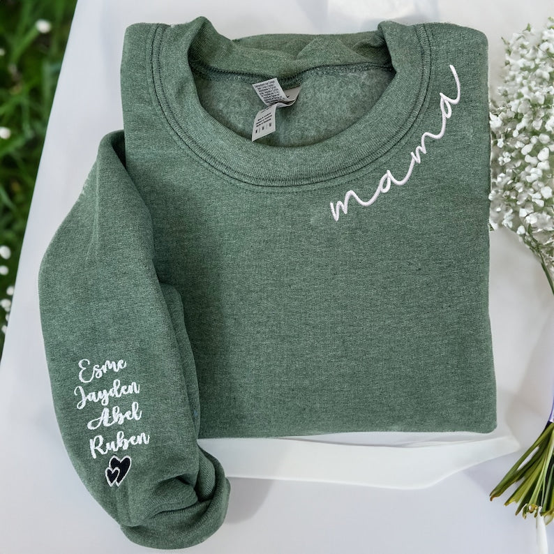 Embroidered Custom Mama Sweatshirt with Kids Name on Sleeve