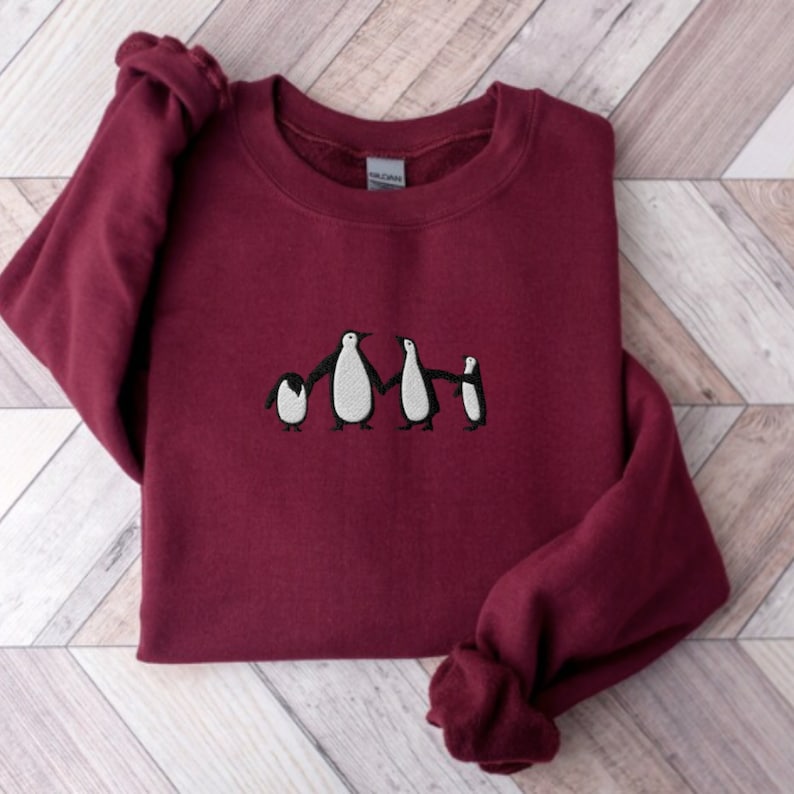 Embroidered Penguins Sweatshirt, Embroidered Penguin Crewneck