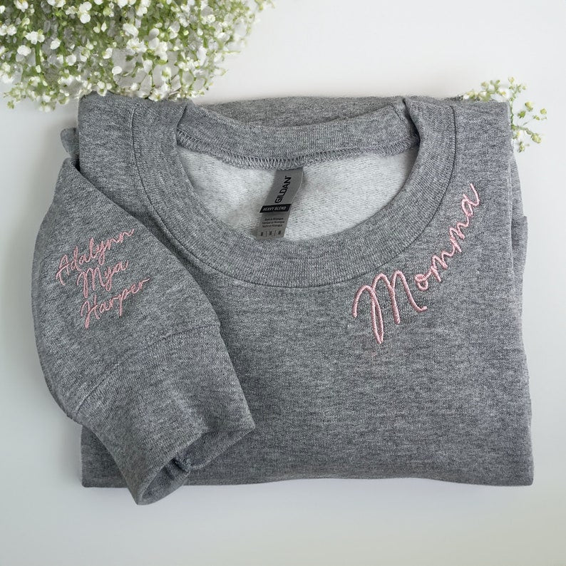 Embroidered Custom Mama Sweatshirt with Kids Name on Sleeve