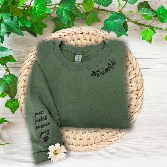 Custom Embroidered Mimi Sweatshirt with Grandkids Name, Personalized Embroidery Grandma
