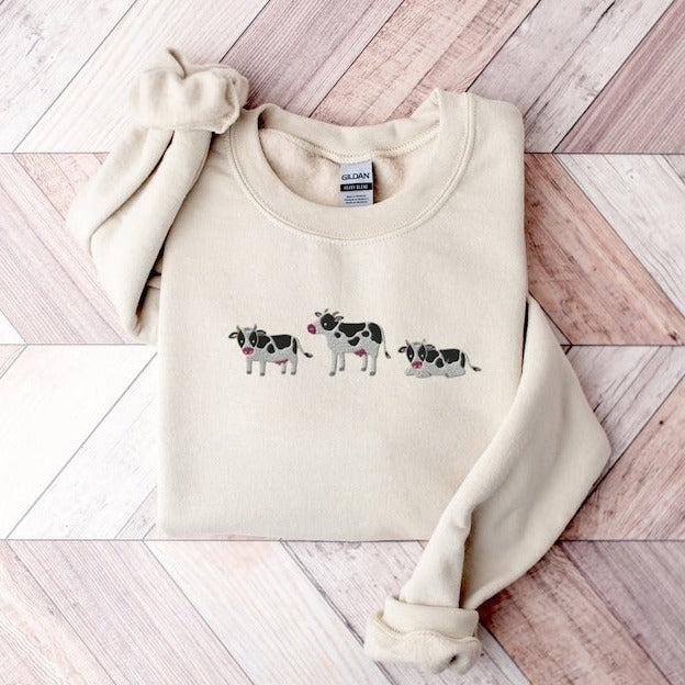 Embroidered Cow Sweatshirt, Cow Sweater, Cute Cow Sweatshirt