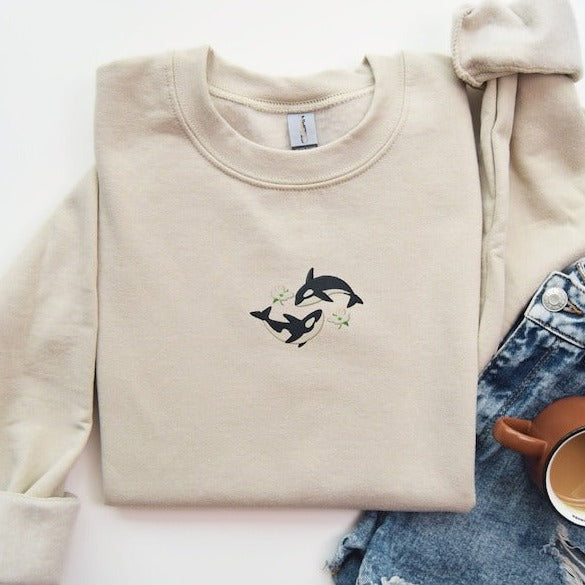 Killer Whale Sweatshirt Embroidered, Embroidered Orca Crewneck Casual Cotton