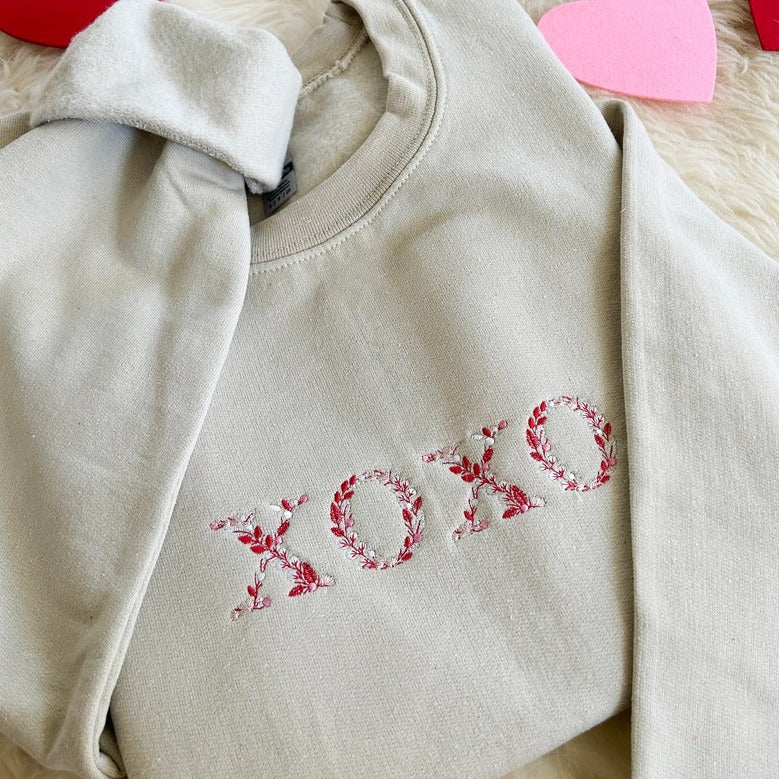 Embroidered Floral Valentine's Day Sweatshirt, Embroidered Valentine XOXO Crewneck Sweatshirt