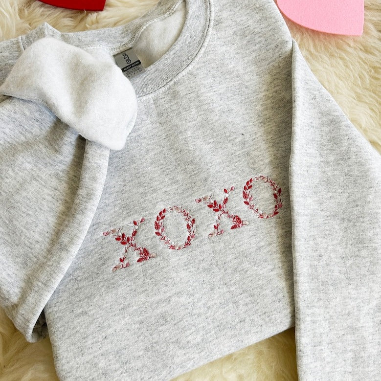 Embroidered Floral Valentine's Day Sweatshirt, Embroidered Valentine XOXO Crewneck Sweatshirt