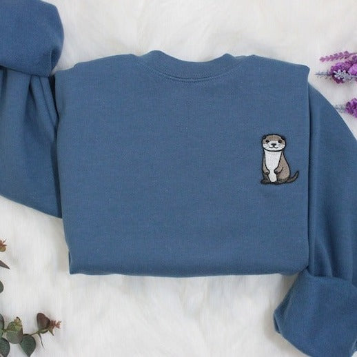 Otter Embroidered Premium Sweatshirt Gift, Embroidered Handmade Cute Unisex
