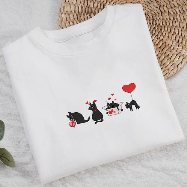 Cute Cat Embroidered Sweatshirt, Valentine Embroidery Sweatshirt