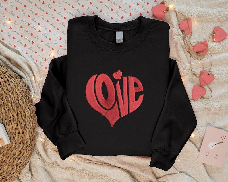 Matching Couple Valentines Sweatshirts, Embroidered Love Heart Crewneck Sweaters