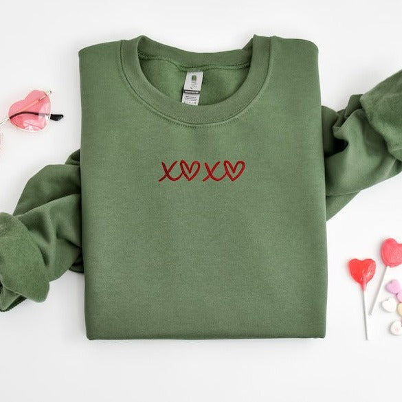 Valentine’s Day Embroidered Sweatshirt, XOXO Design, Customizable Colors