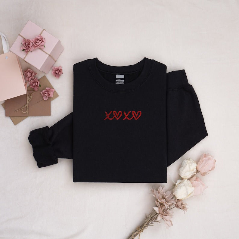 Valentine’s Day Embroidered Sweatshirt, XOXO Design, Customizable Colors