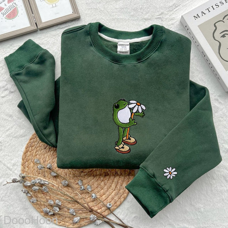 Embroidered Frog With Flower Shirt, Embroidered Gift, Embroidered Crewneck