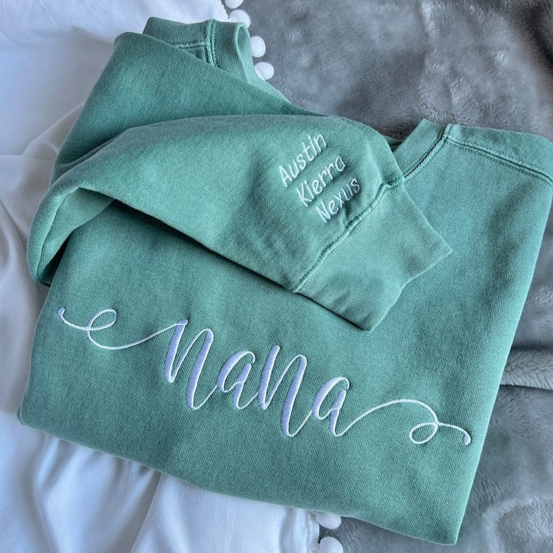 Nana Script Crewneck Sweatshirt with Children Names Sleeve Embroidery Custom Gift Grandparent