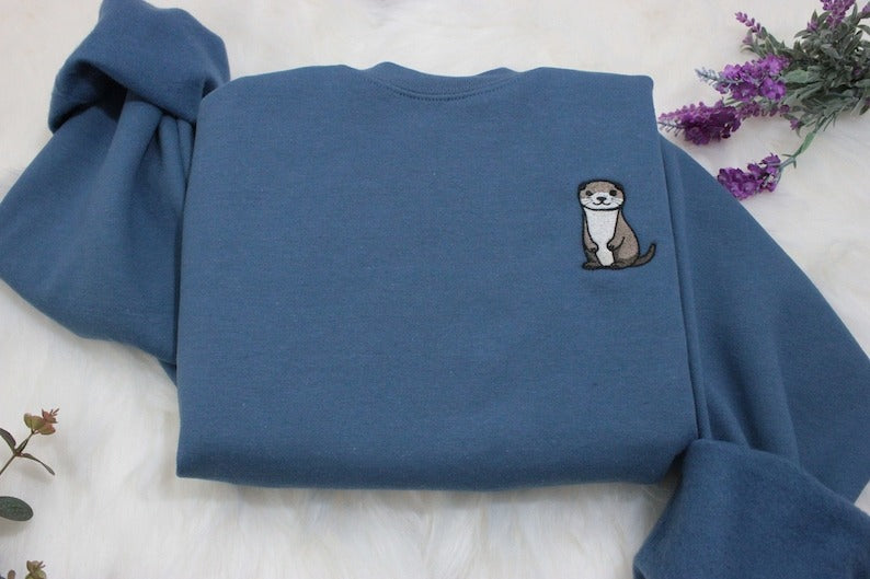 Otter Embroidered Premium Sweatshirt Gift, Embroidered Handmade Cute Unisex