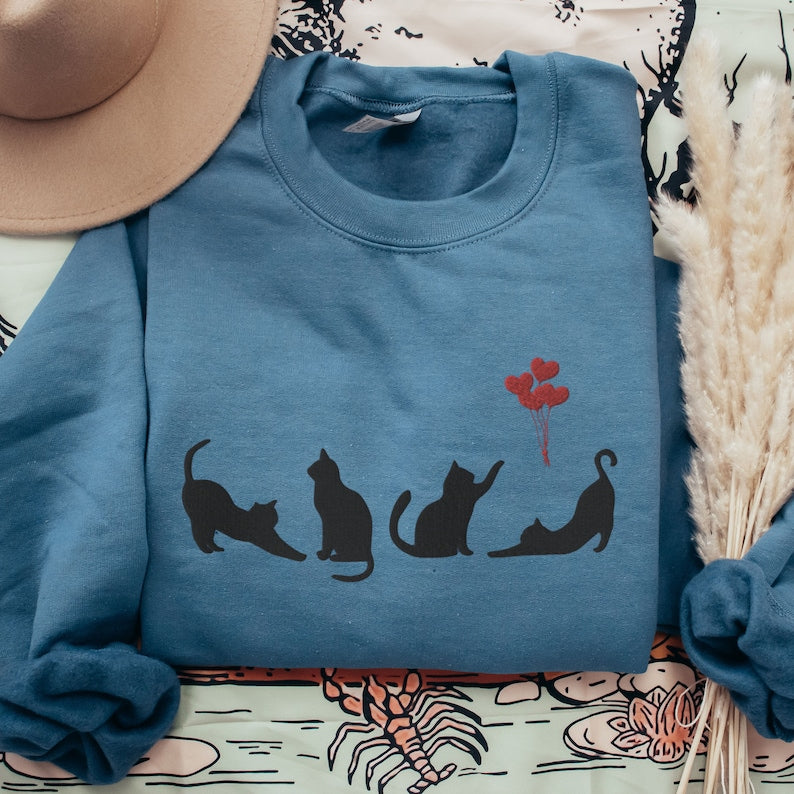 Embroidered Valentines Cat Sweatshirt, Black Cats Vday Crewneck
