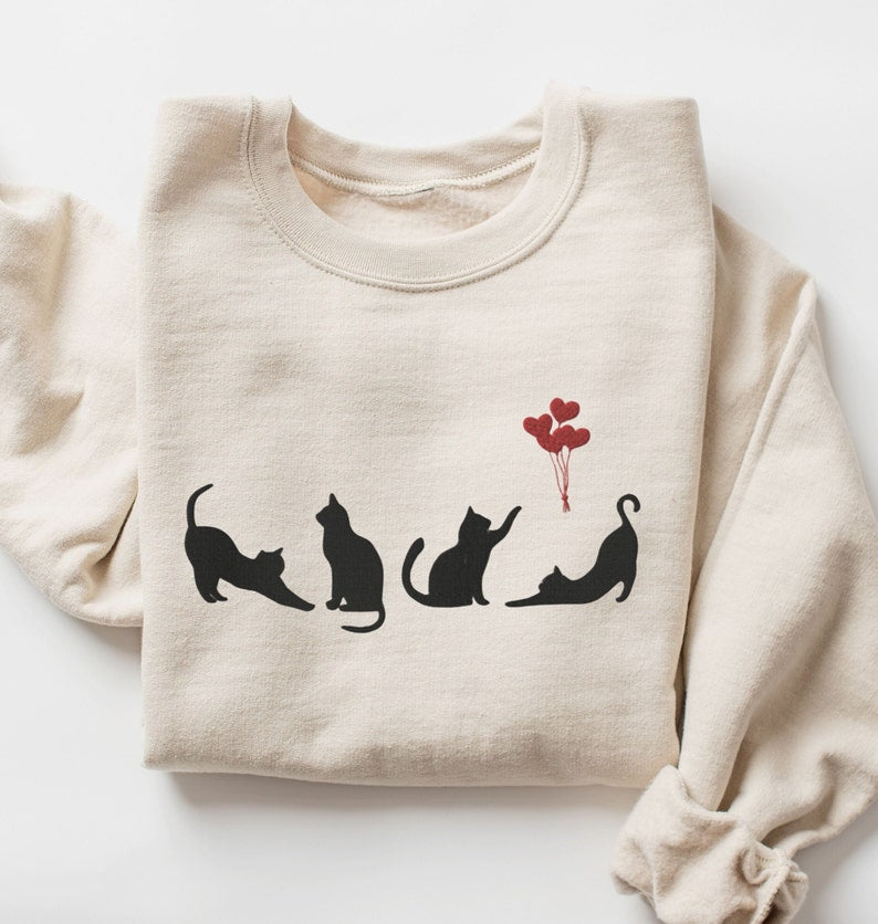Embroidered Valentines Cat Sweatshirt, Black Cats Vday Crewneck
