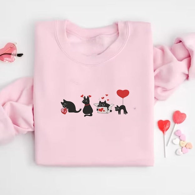 Cute Cat Embroidered Sweatshirt, Valentine Embroidery Sweatshirt