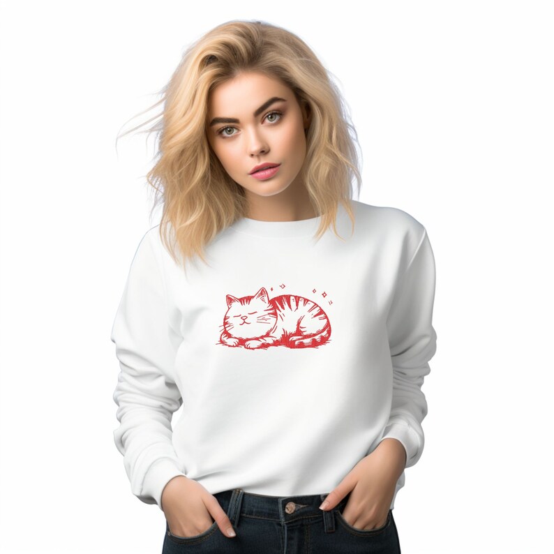 Cute Cat Embroidery Crewneck Sweatshirt, Gift for Cat Mom