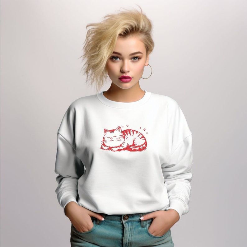 Cute Cat Embroidery Crewneck Sweatshirt, Gift for Cat Mom