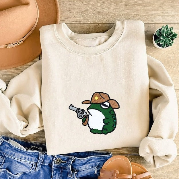 Funny Embroidered Frog Sweatshirt, Cute Frog Sheriff, Frog Sweater