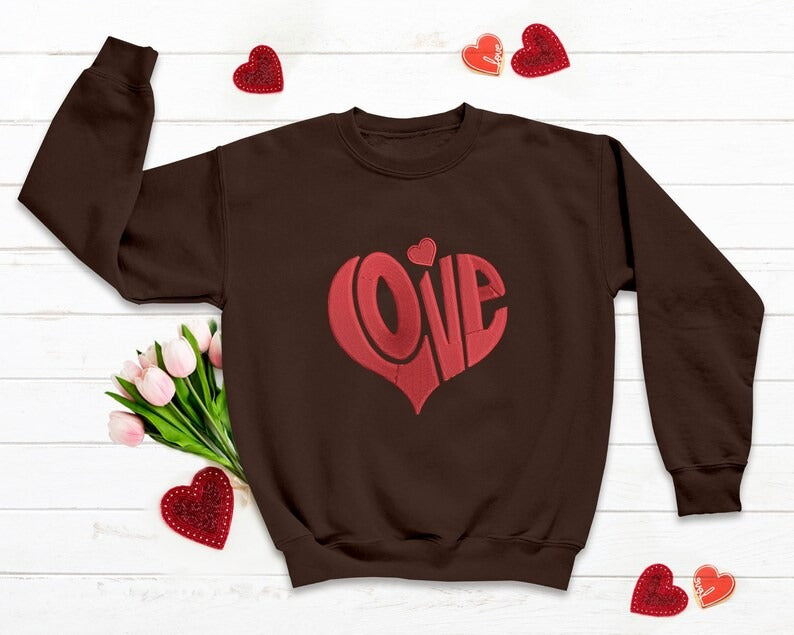 Matching Couple Valentines Sweatshirts, Embroidered Love Heart Crewneck Sweaters