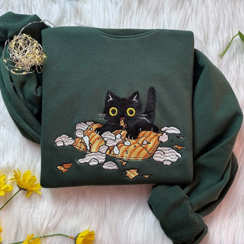 Cute Black Cat And Plants Embroidered Crewneck, Cat Embroidered Sweatshirt