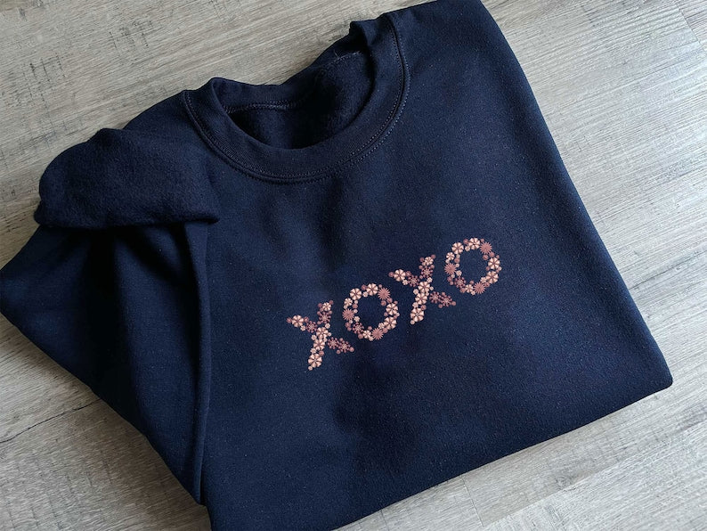 Embroidered Valentine XOXO Crewneck Sweatshirt, Floral Valentine's Day Sweatshirt