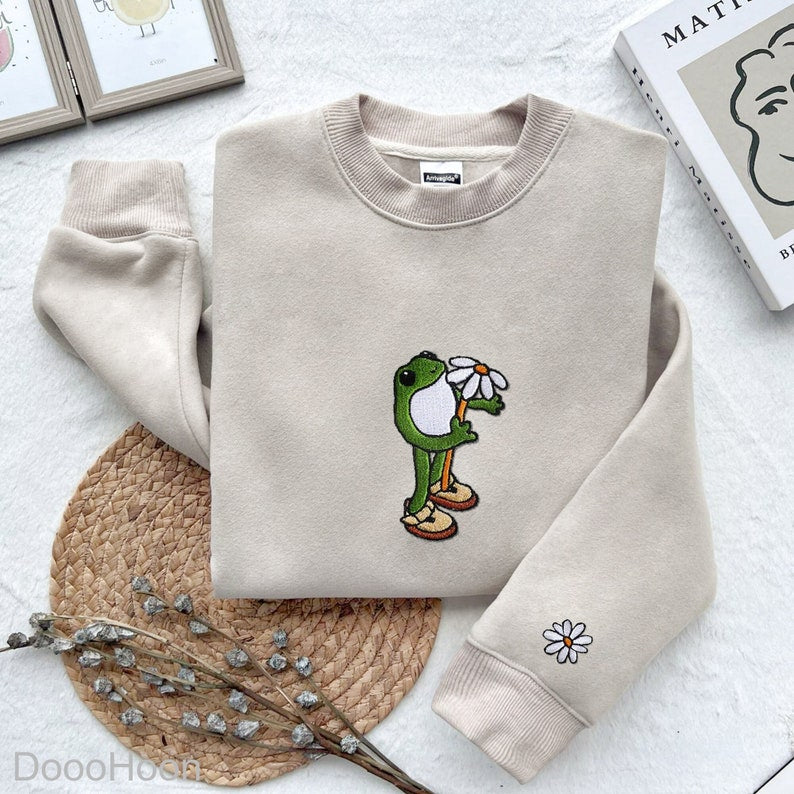 Embroidered Frog With Flower Shirt, Embroidered Gift, Embroidered Crewneck