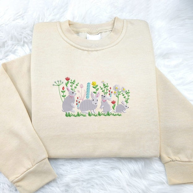 Aesthetic Rabbits Sweatshirt, Embroidered Flowers Crewneck Sweater