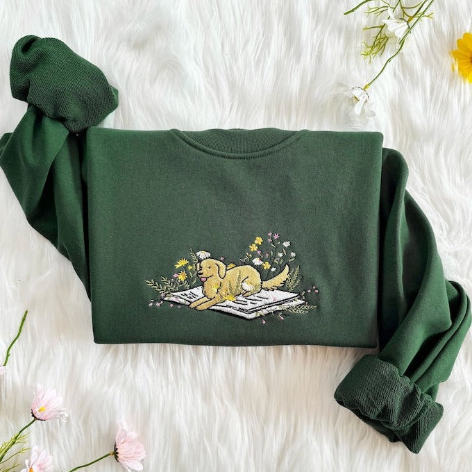 Embroidered Cute Dog Lying On Book With Flower Sweatshirt