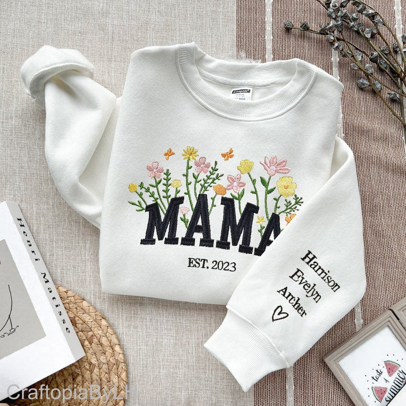 Mama Embroidered Floral Sweatshirt, Custom Mama Crewneck With Kids Names