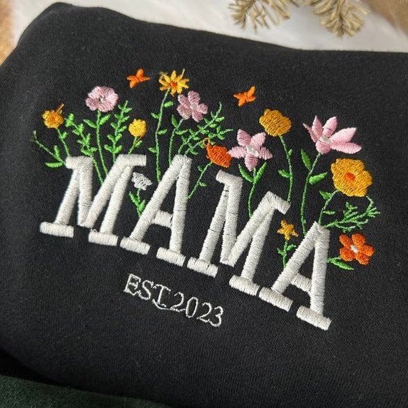 Mama Embroidered Floral Sweatshirt, Custom Mama Crewneck With Kids Names