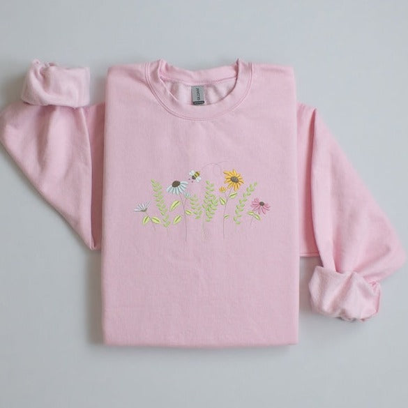 Embroidered Bee With Flowers Sweatshirt