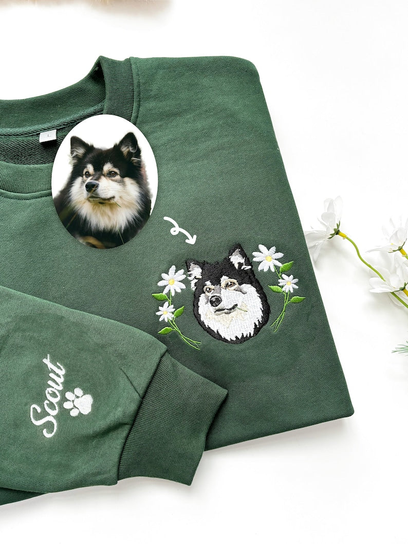 Custom Embroidered Pet Portrait Sweatshirt, Personalized Pet Face and Pet name Sweatshirt