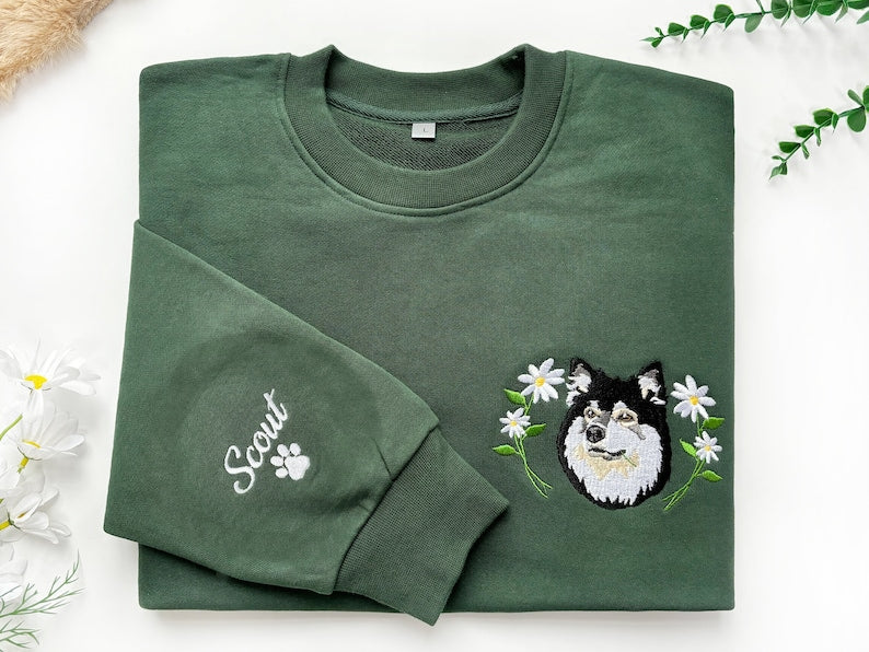 Custom Embroidered Pet Portrait Sweatshirt, Personalized Pet Face and Pet name Sweatshirt