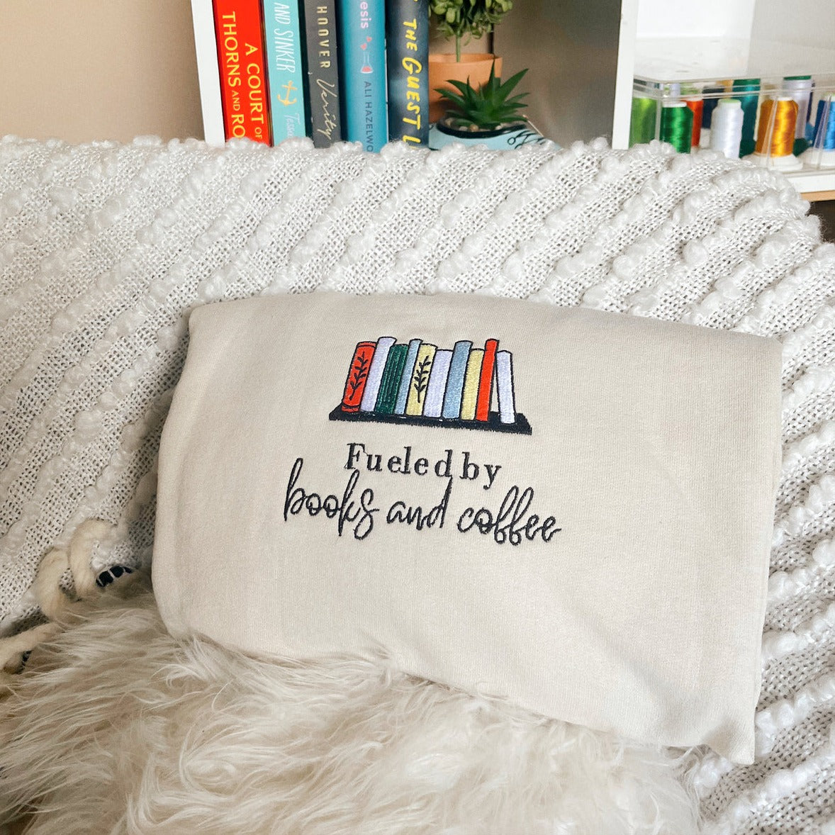 Fueled By Books and coffee Crewneck Embroidered Sweatshirt