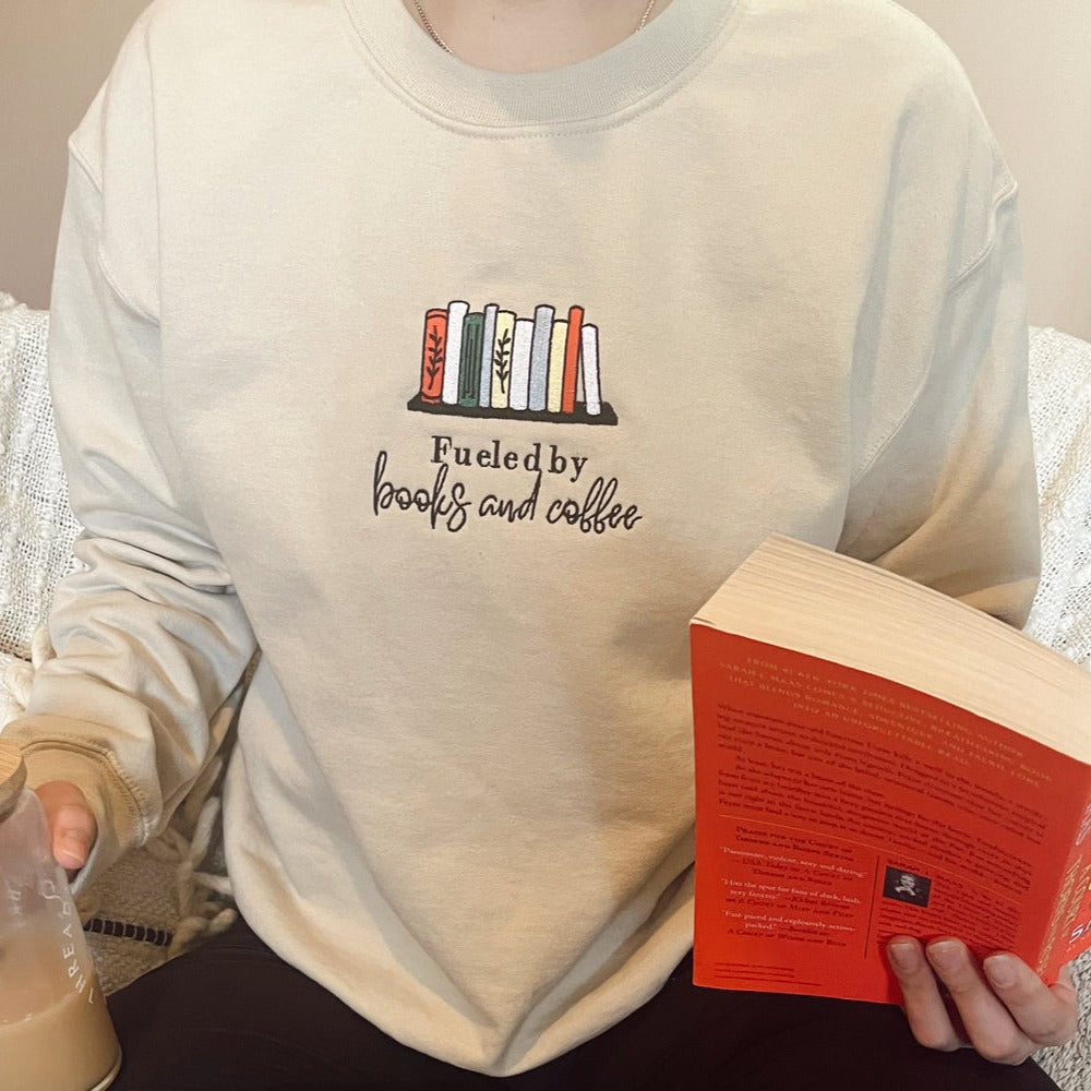 Fueled By Books and coffee Crewneck Embroidered Sweatshirt