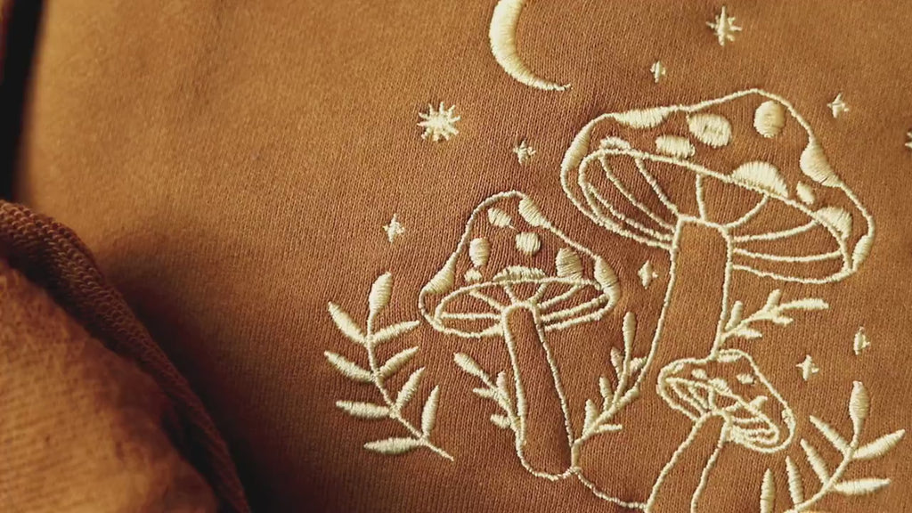 Mushroom Embroidered Crewneck Sweatshirt, Brown Embroidered Hoodie